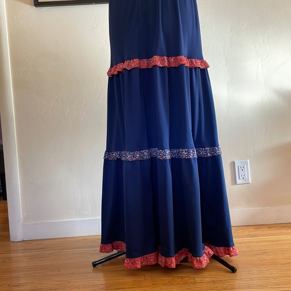 Vintage GODDESS DRESS 1970s Maxi blue & reds L - Picture 6 of 13